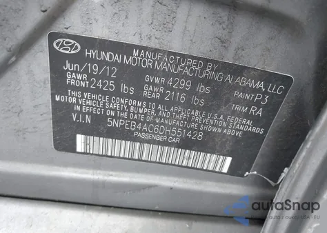 2013 Hyundai Sonata Gls z USA, uszkodzony, nr VIN 5NPEB4AC6DH551428